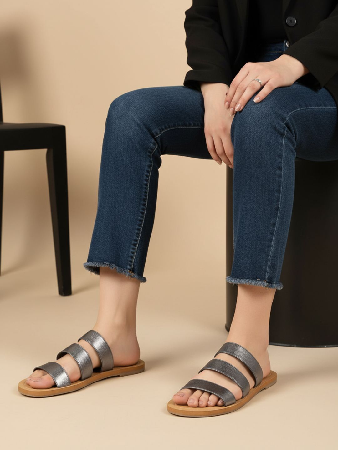 Womens Pewter Casual Striped Open Toe Slip-On Flats