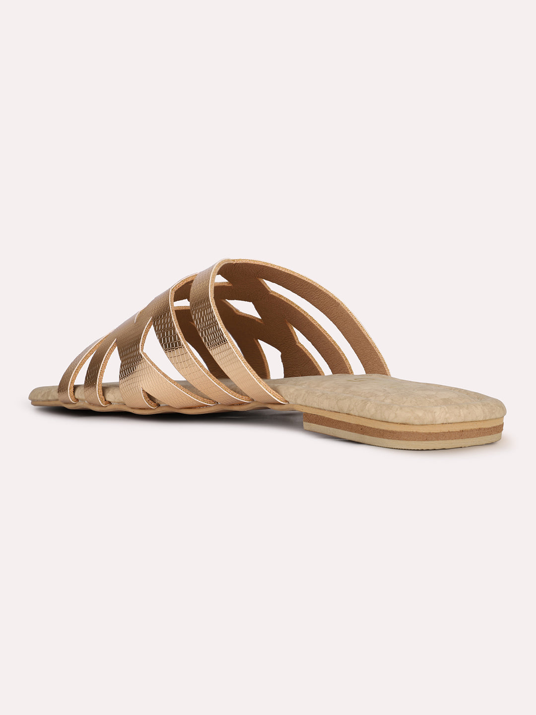 Womens Rose Gold Striped Round Toe Casual Flat Slip-on Sandals