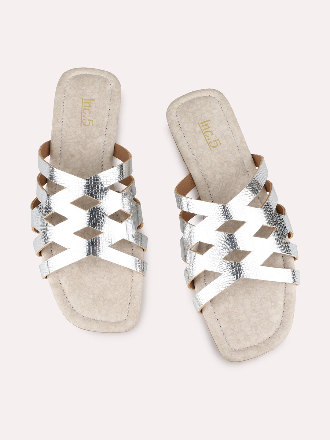 Womens Silver Striped Round Toe Casual Flats