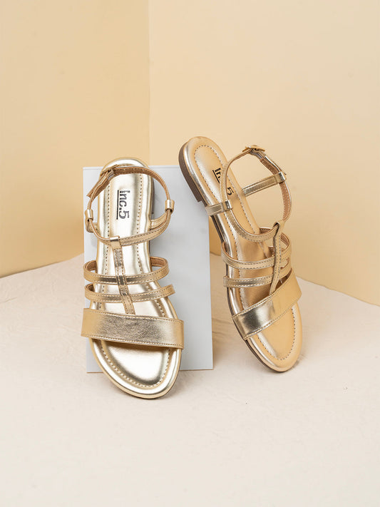 Womens Golden Striped Round Toe Fashion Sandals