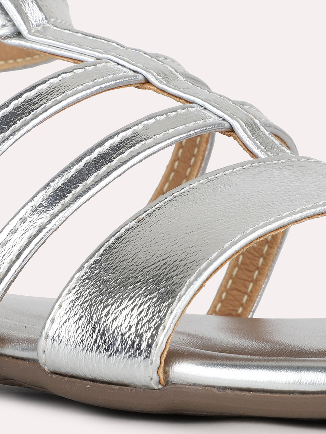 Womens Silver Striped Round Toe Fashion Sandals