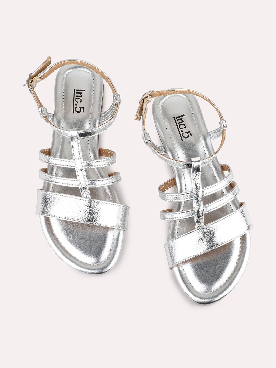 Womens Silver Striped Round Toe Fashion Sandals