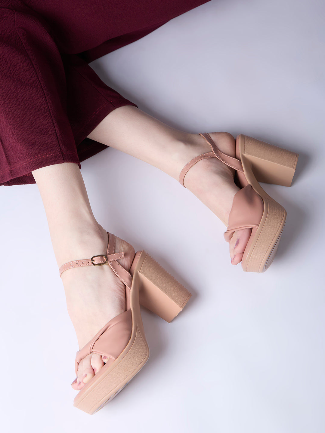 Womens Peach Party Wear Solid Round Toe Platform Heel Sandals