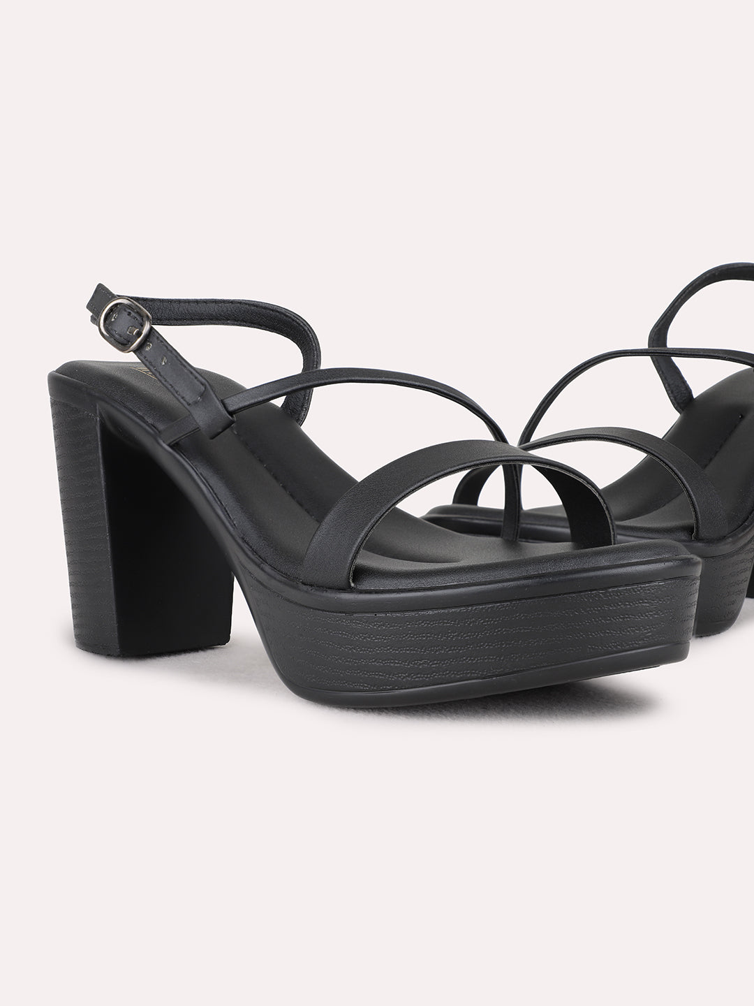 Womens Black Party Wear Striped Round Toe Platform Heels