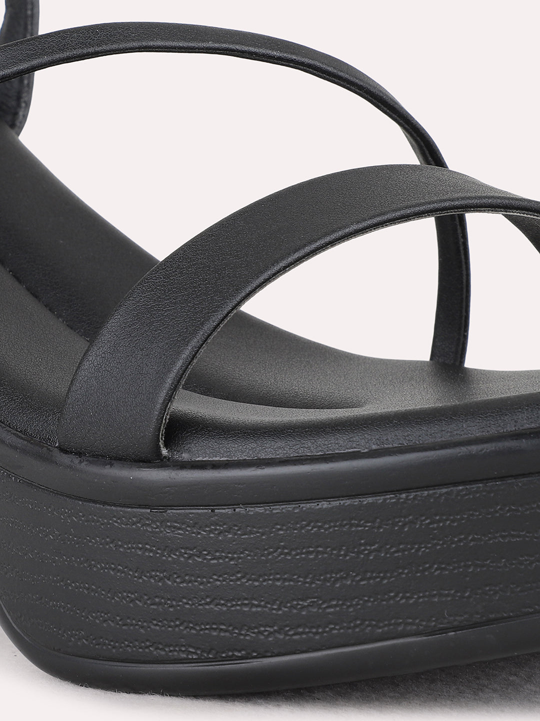 Womens Black Party Wear Striped Round Toe Platform Heels