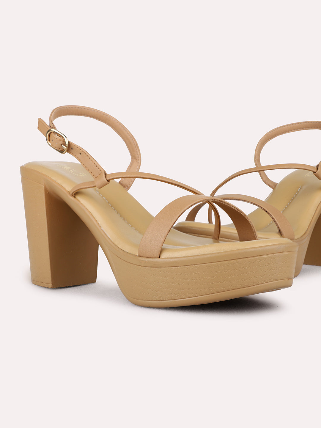 Womens Brown Party Wear Striped Round Toe Platform Heel Sandals