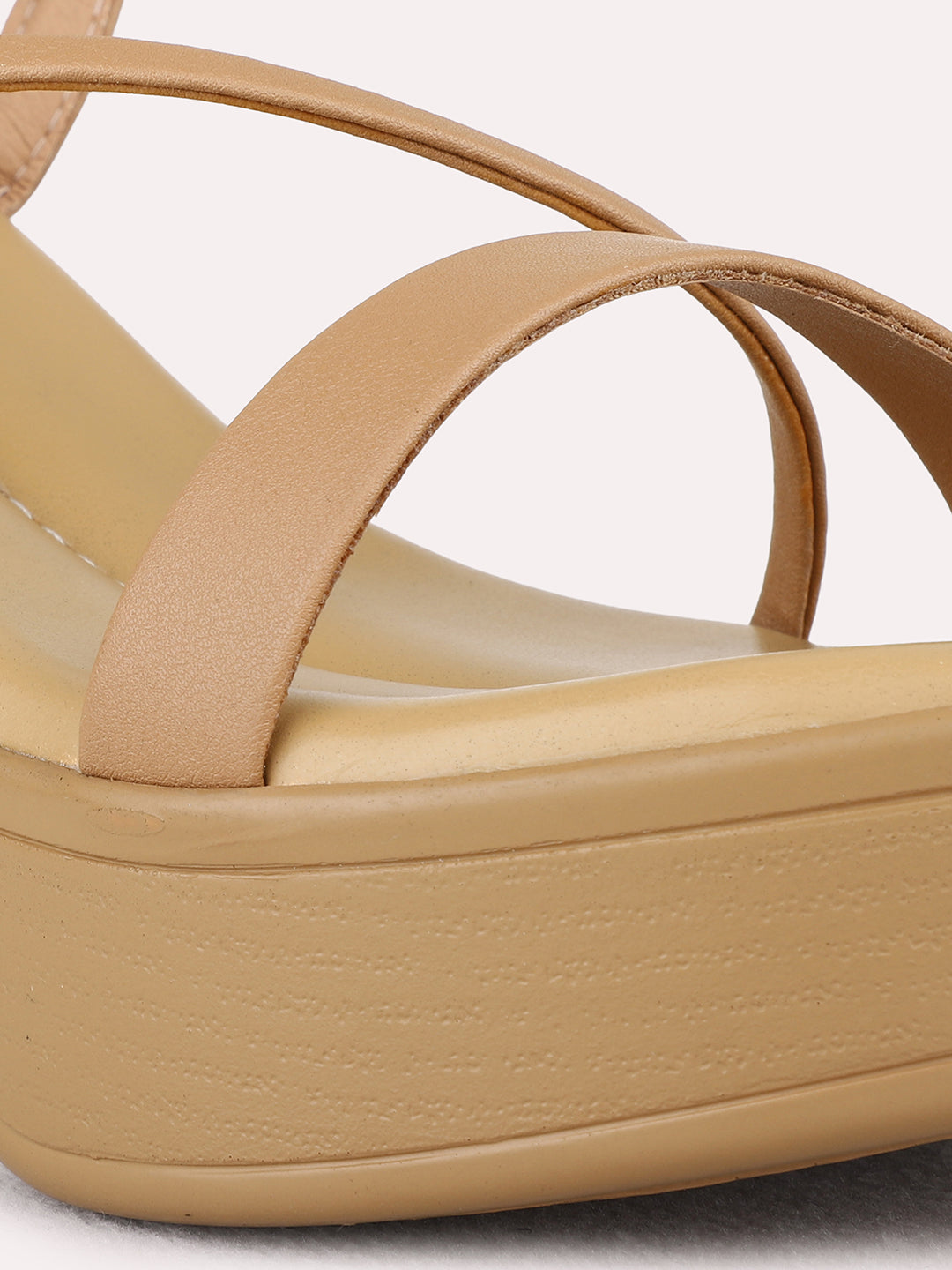 Womens Brown Party Wear Striped Round Toe Platform Heel Sandals