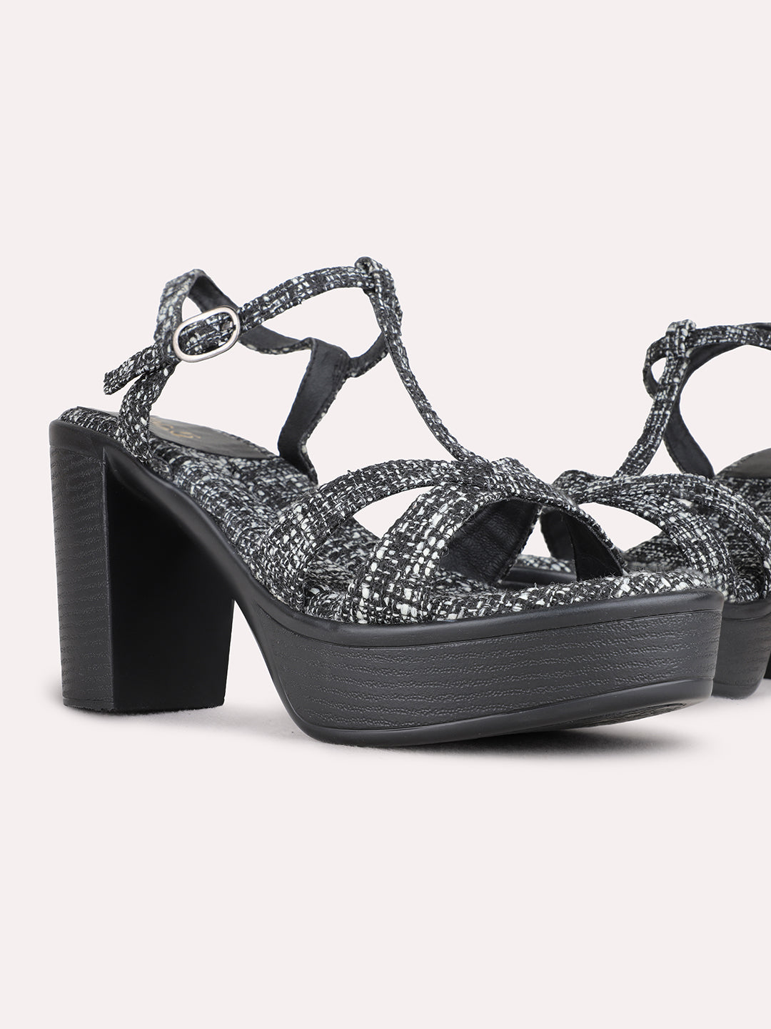 Womens Black Party Wear Printed Round Toe Platform Heels