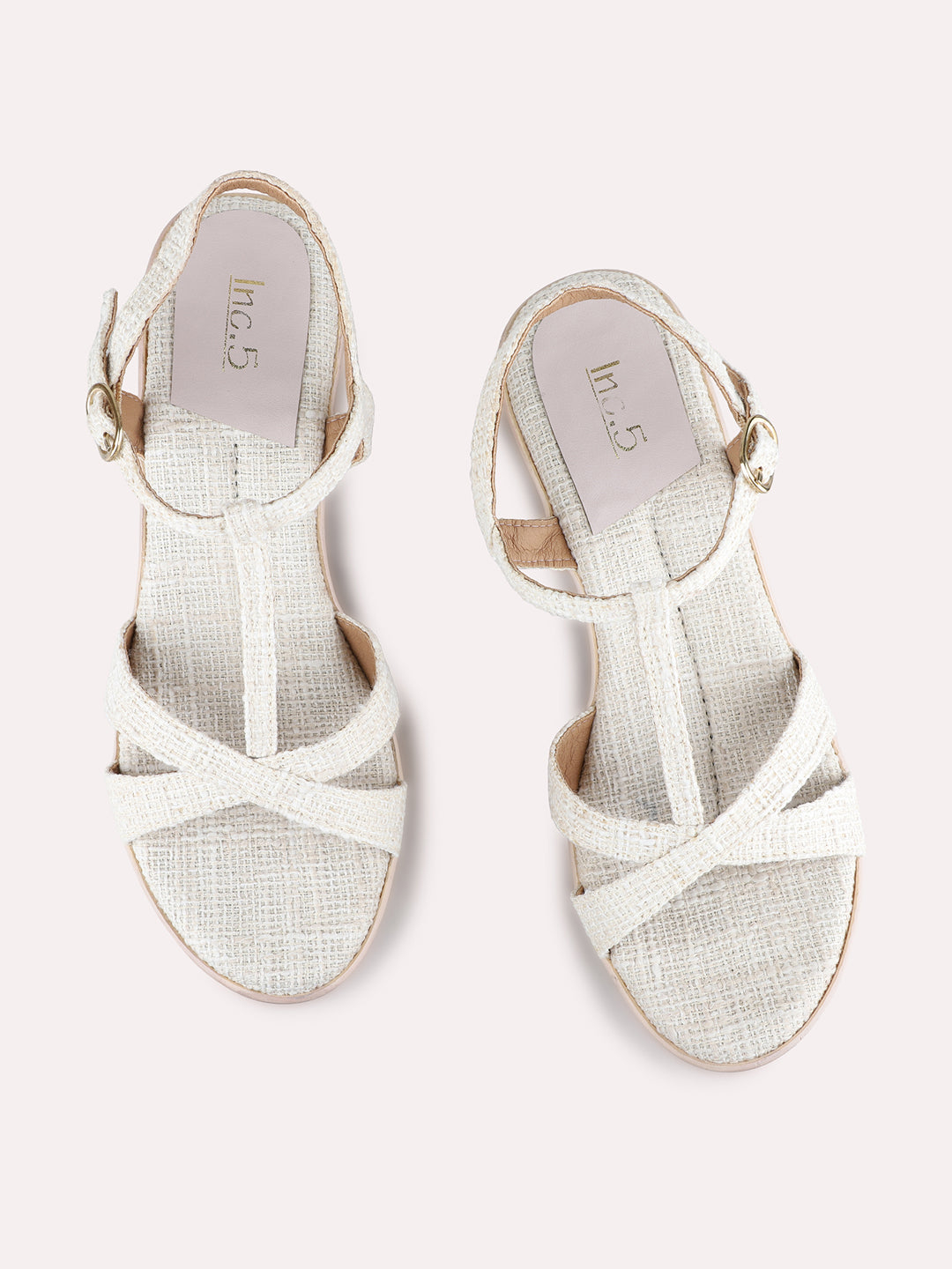 Womens Cream Party Wear Printed Round Toe Platform Heels