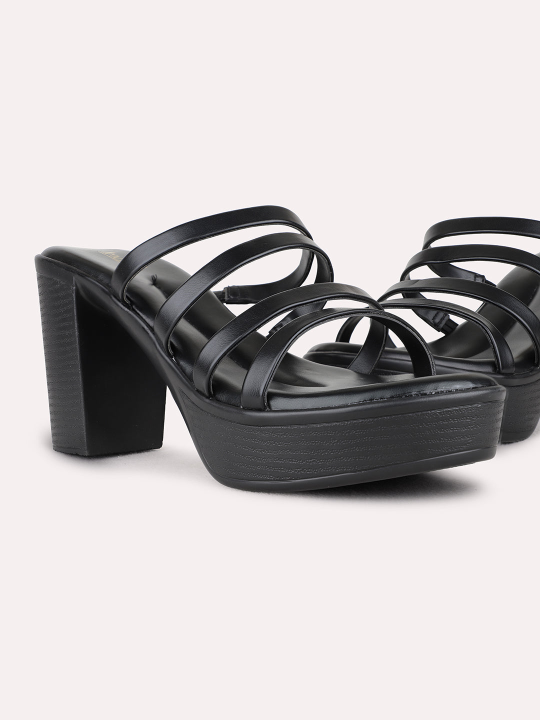 Womens Black Party Wear Striped Round Toe Platform Heel Sandals