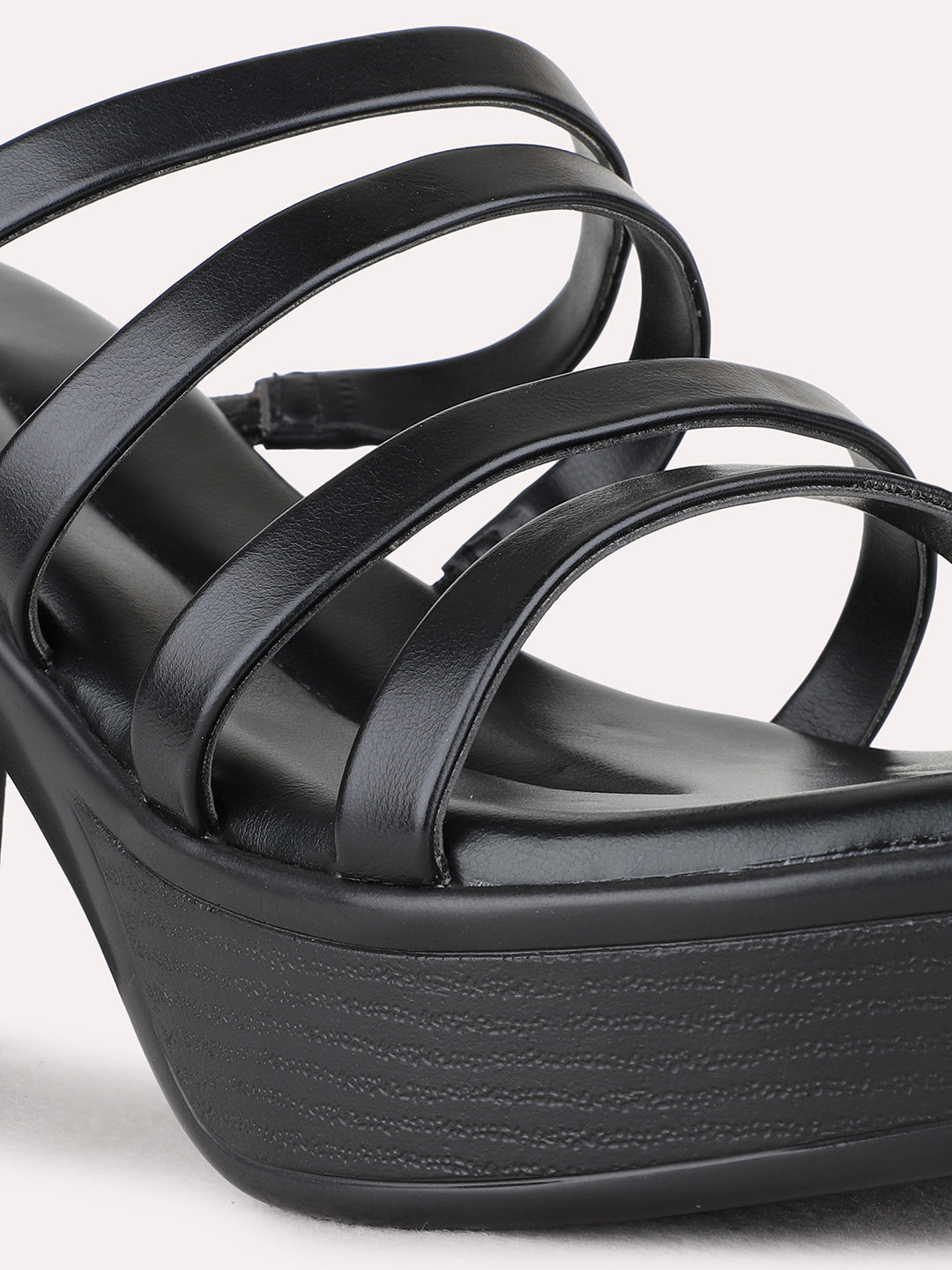 Womens Black Party Wear Striped Round Toe Platform Heel Sandals