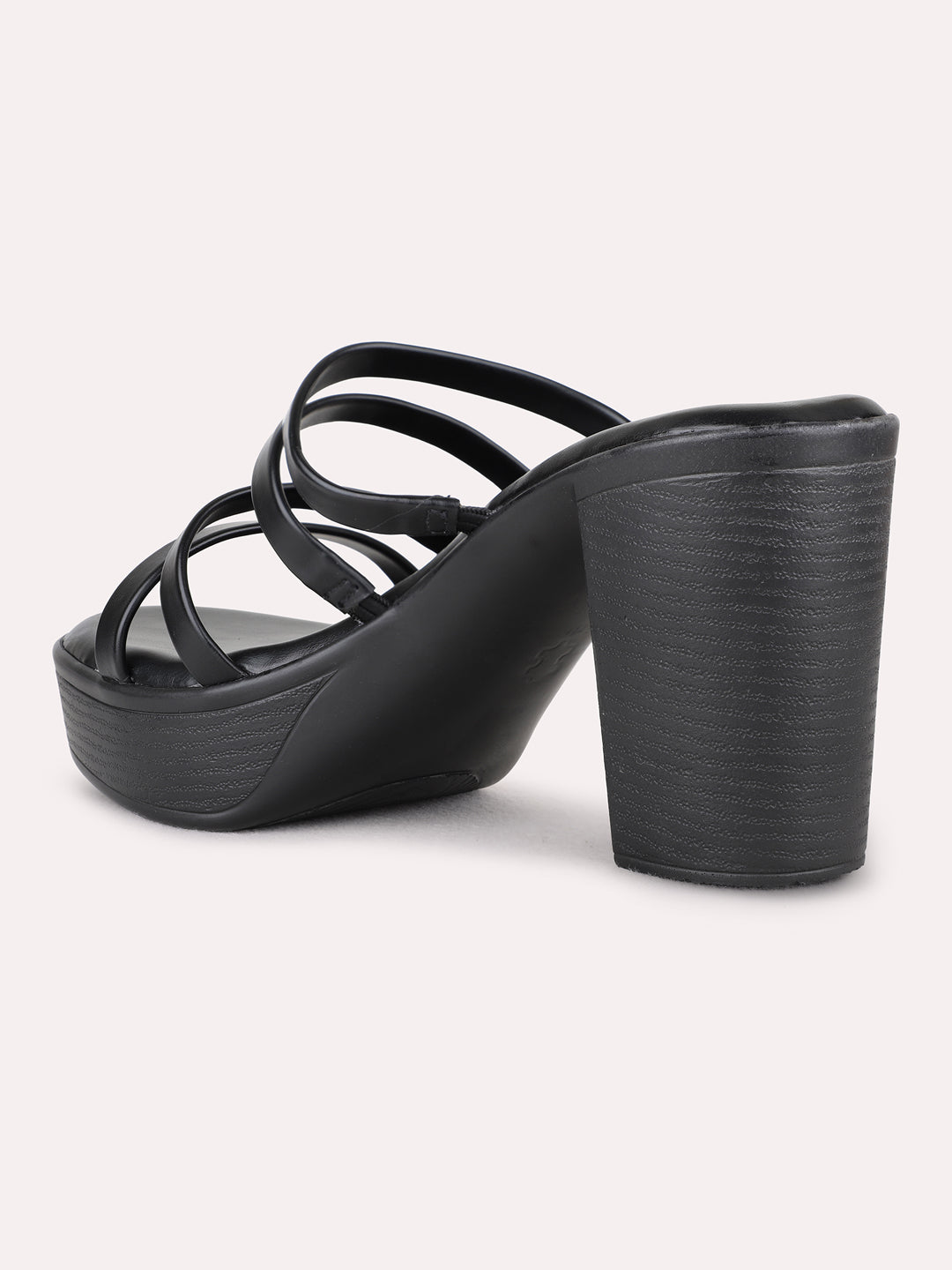 Womens Black Party Wear Striped Round Toe Platform Heel Sandals