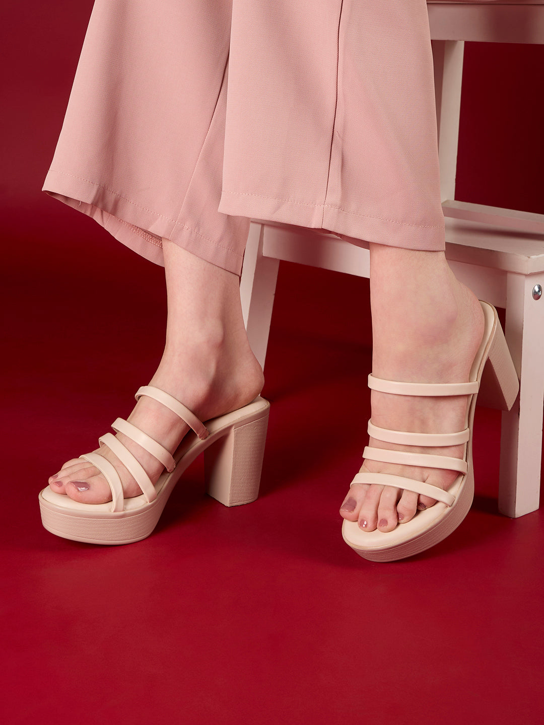 Womens Cream Party Wear Striped Round Toe Platform Heel Sandals
