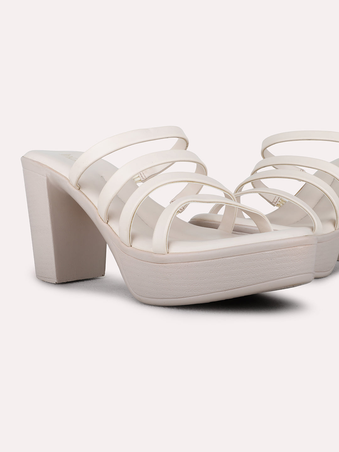 Womens Cream Party Wear Striped Round Toe Platform Heel Sandals