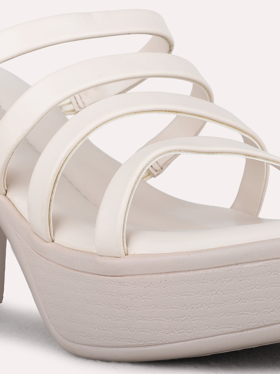 Womens Cream Party Wear Striped Round Toe Platform Heel Sandals