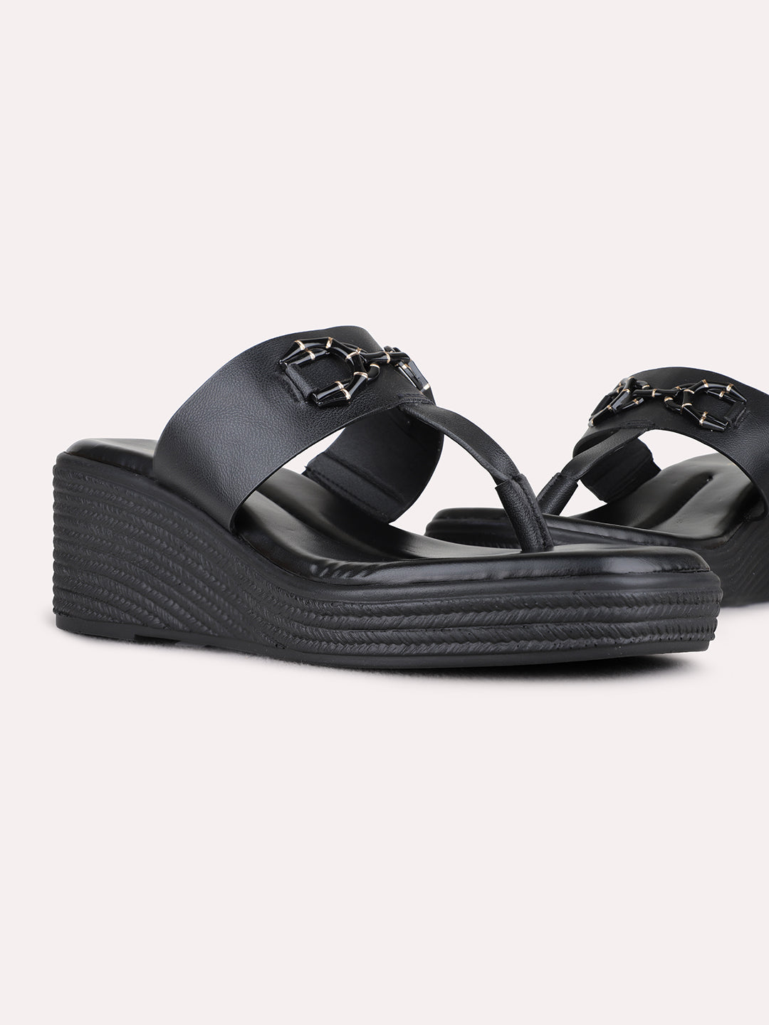 Womens Black Party Wear Solid Round Toe Wedge Heels
