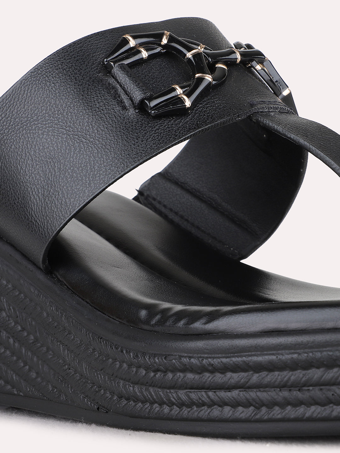 Womens Black Party Wear Solid Round Toe Wedge Heels