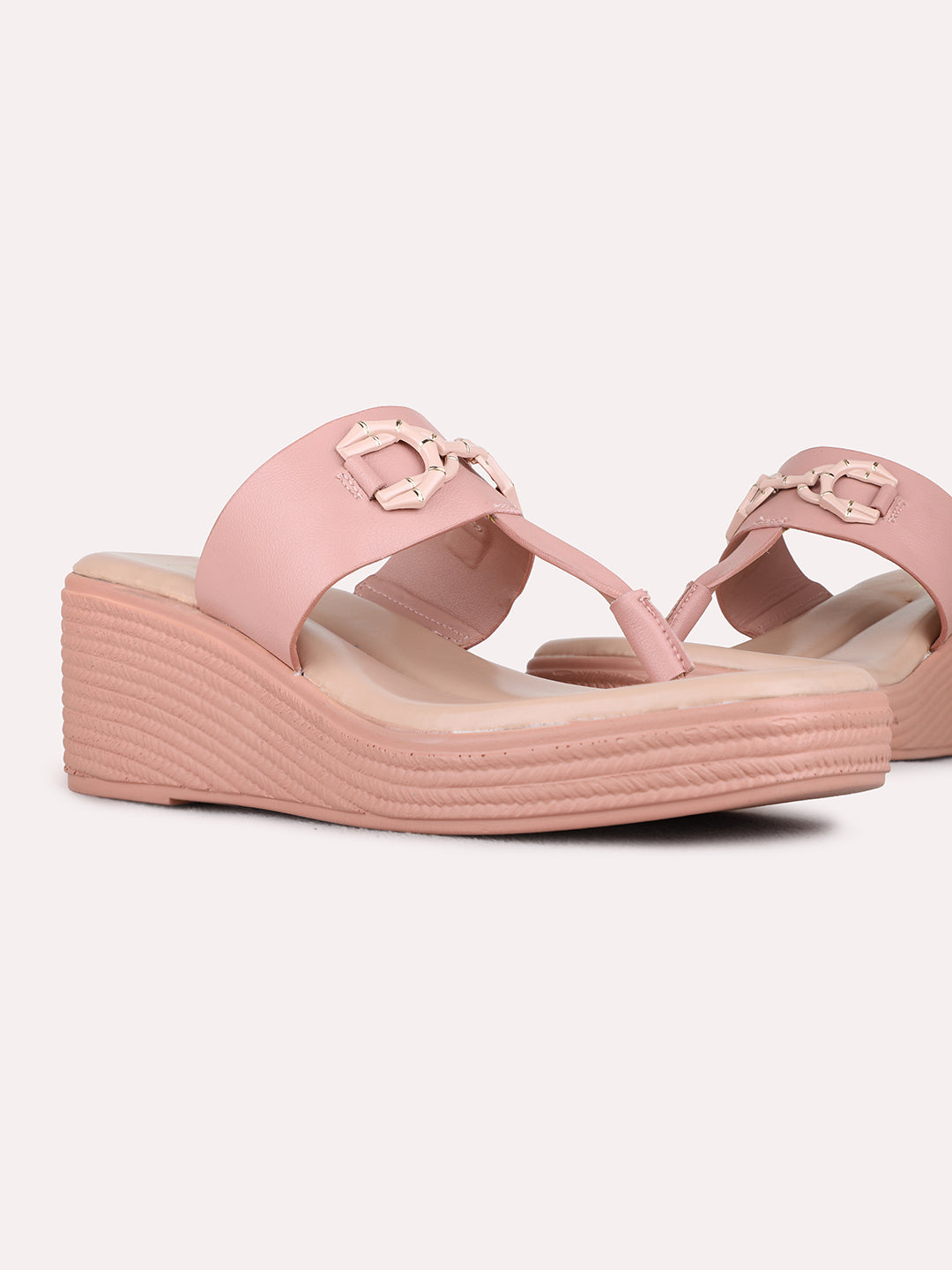 Womens Peach Party Wear Solid Round Toe Wedge Heels
