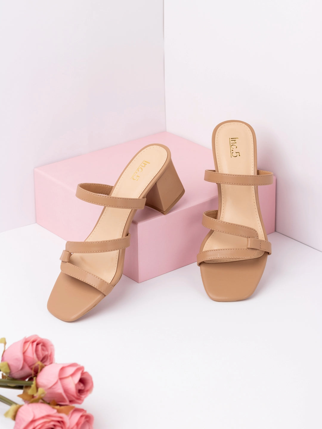 Womens Beige Solid Square Toe Party Wear Block Heels Sandals