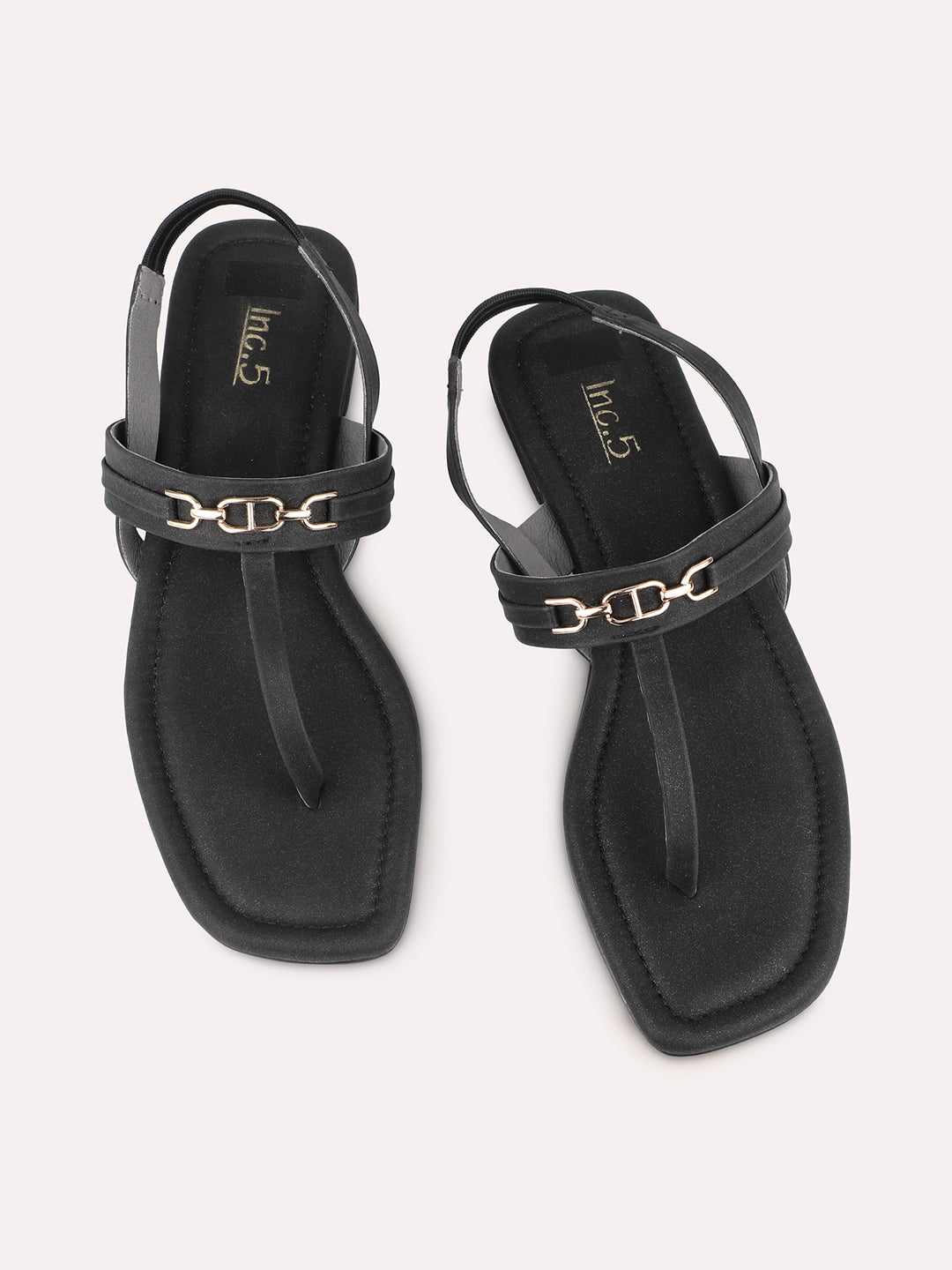 Womens Black Solid T-Strap Casual Flat Sandals