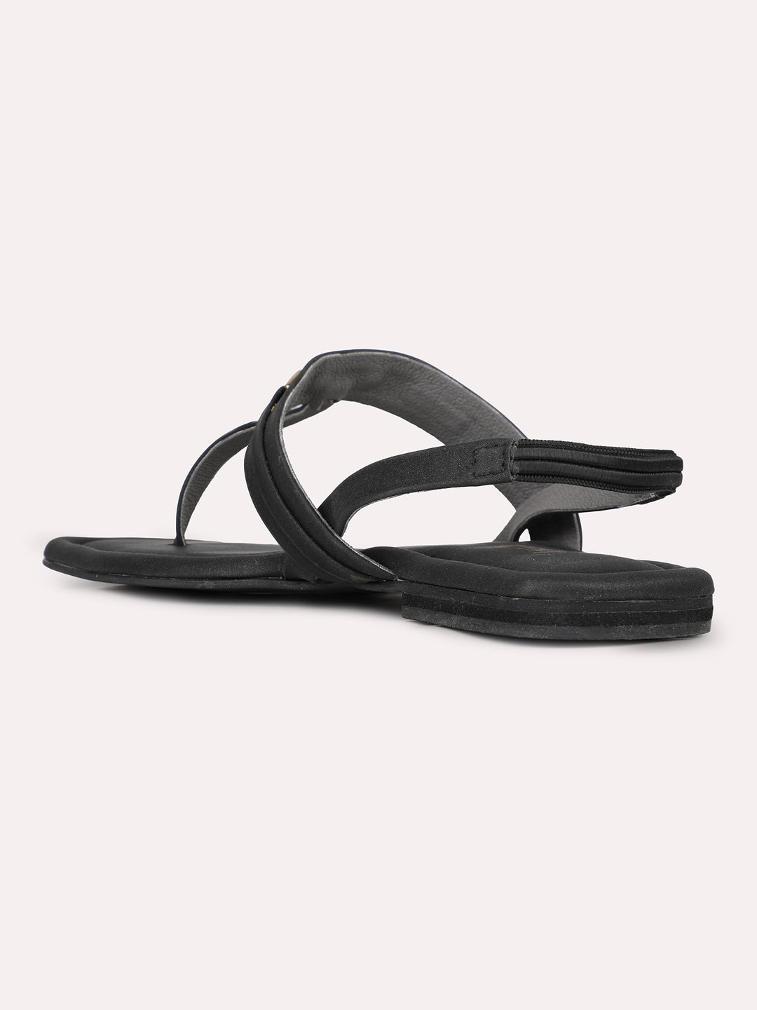 Womens Black Solid T-Strap Casual Flat Sandals