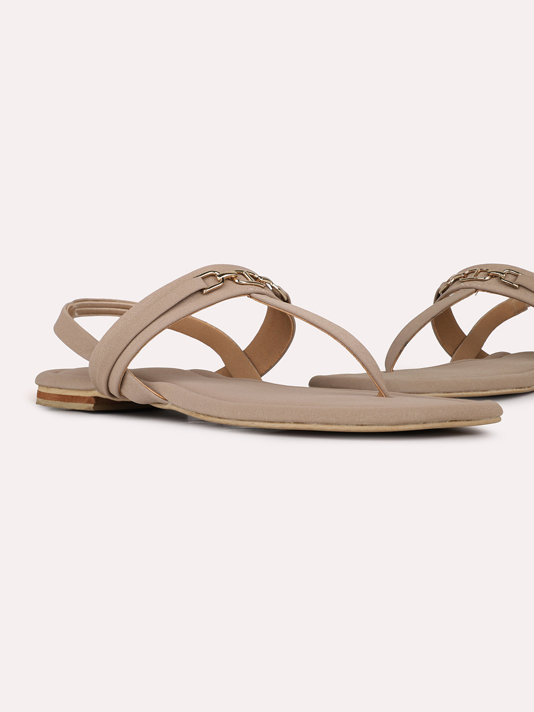 Womens Beige Solid T-Strap Casual Flat Sandals