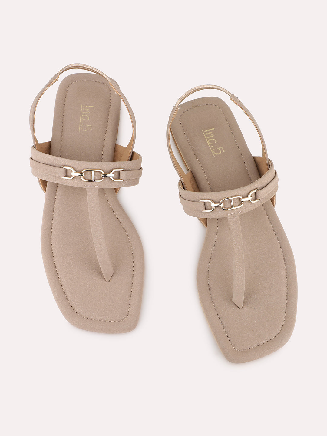 Womens Beige Solid T-Strap Casual Flat Sandals