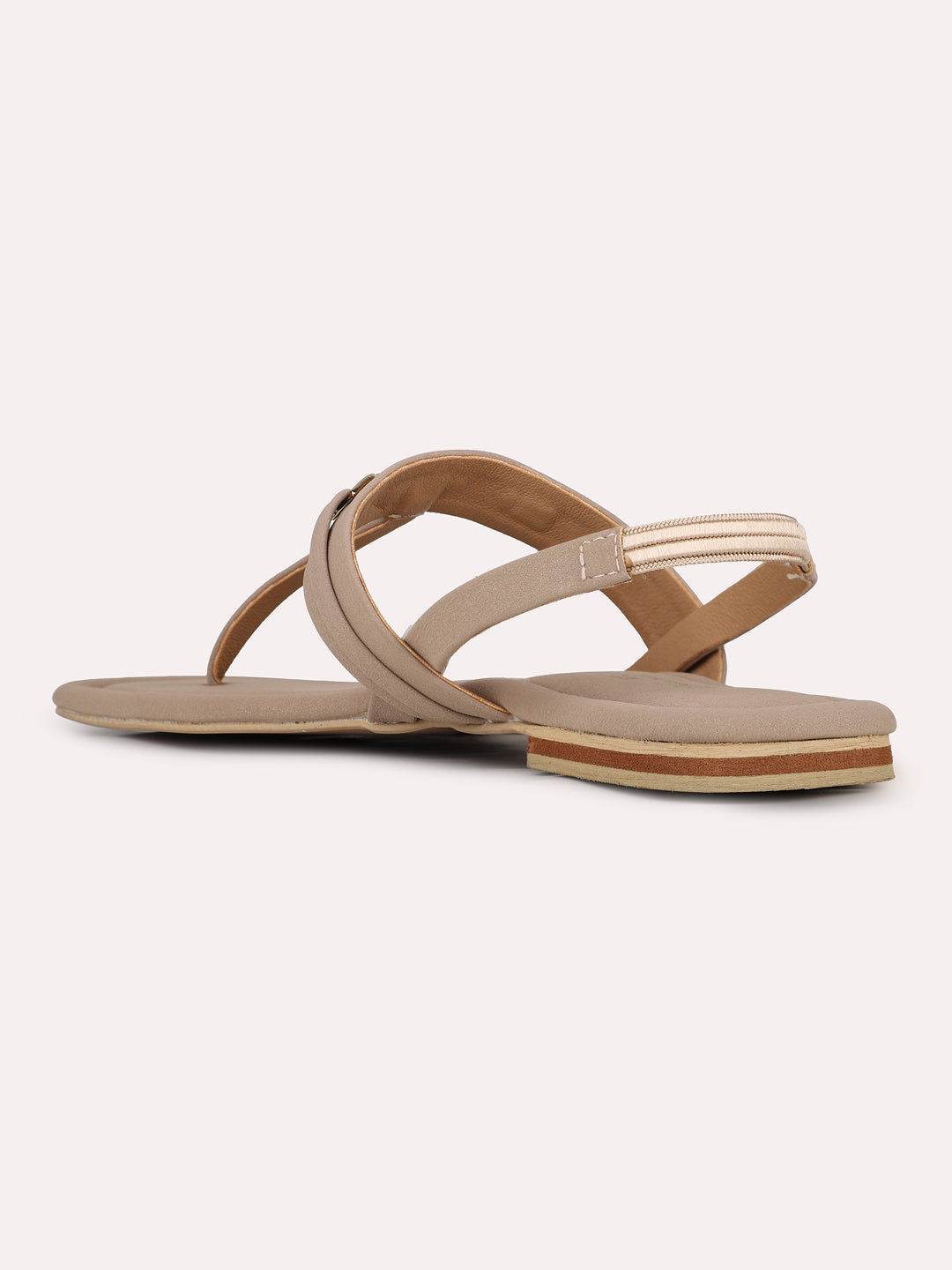 Womens Beige Solid T-Strap Casual Flat Sandals