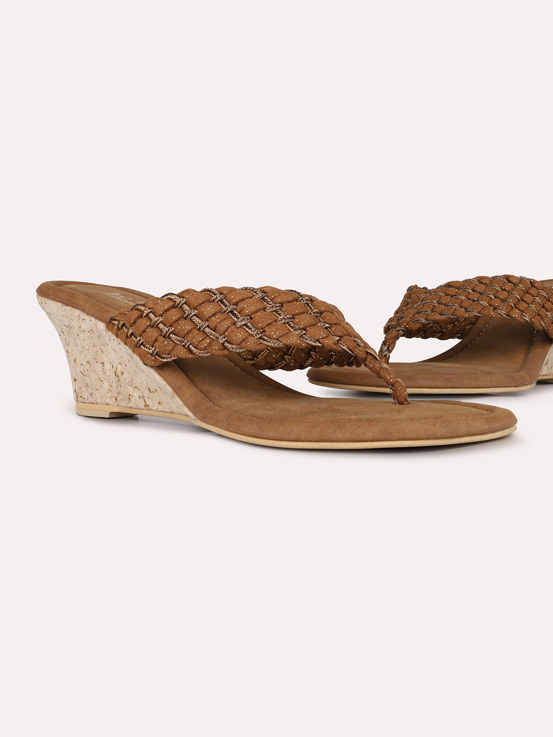 Women Tan Ethnic Embellished Round Toe Wedge Heel Sandals