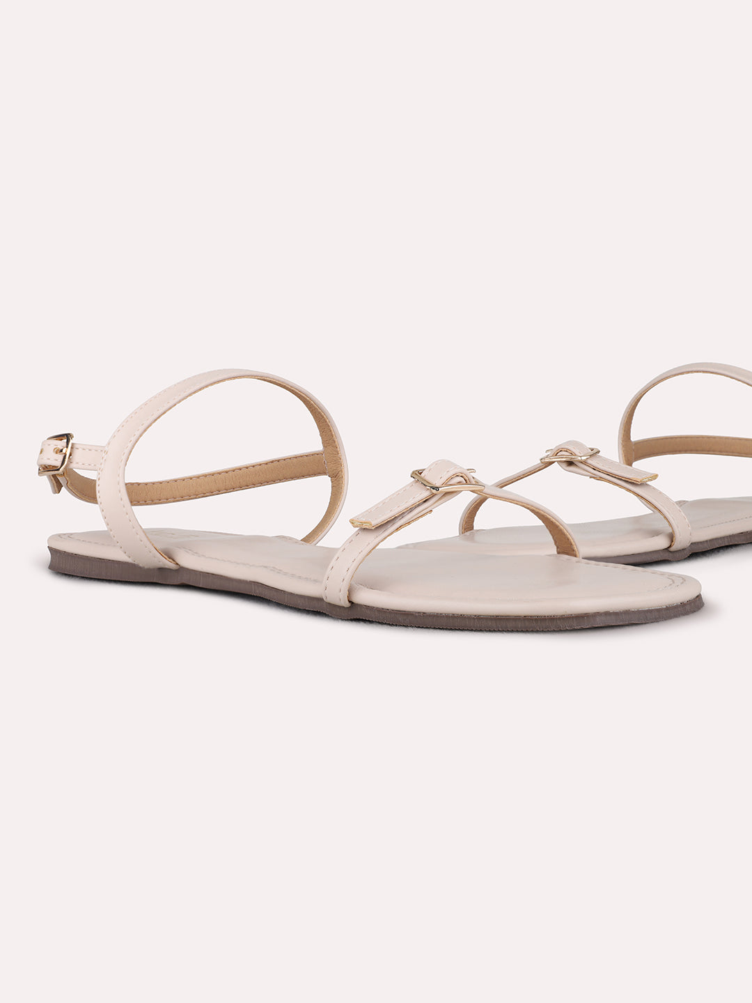 Womens Cream Casual Solid Open Toe Flats