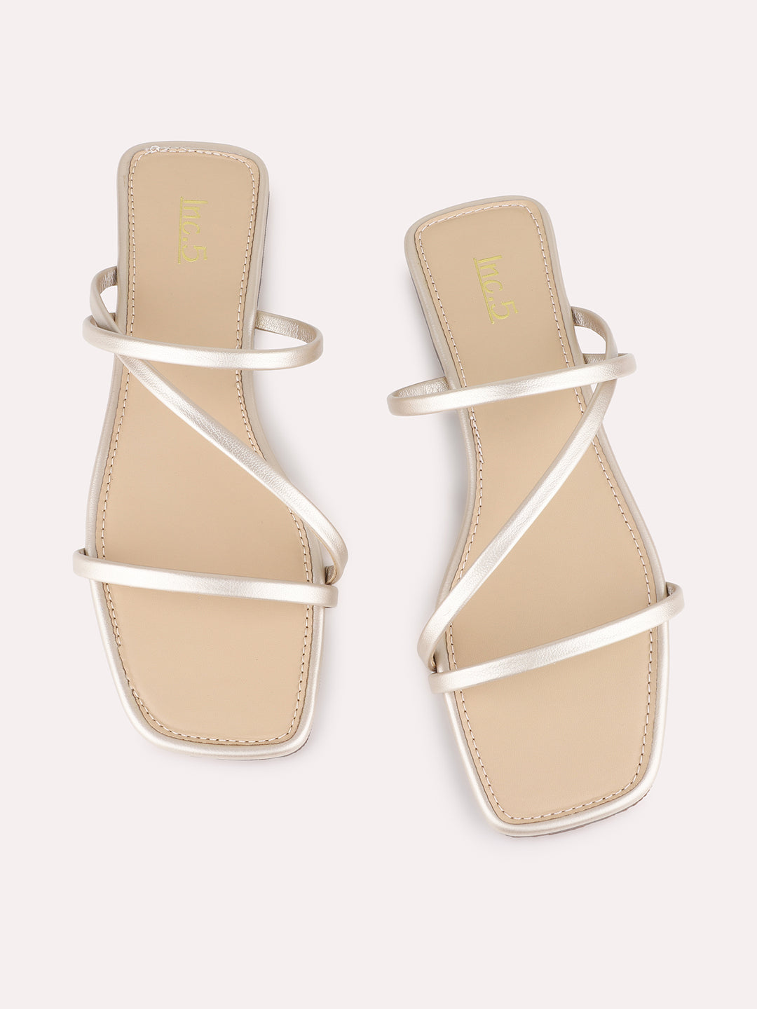 Womens Gold Casual Striped Open Toe Flat Sandals