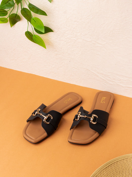 Womens Black Solid Open Toe Casual Flat Sandals