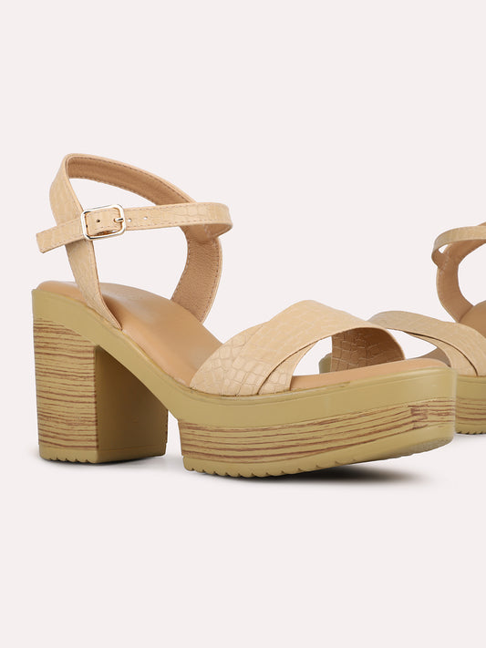 Womens Beige Solid Round Toe Party Wear Platform Heel Sandals