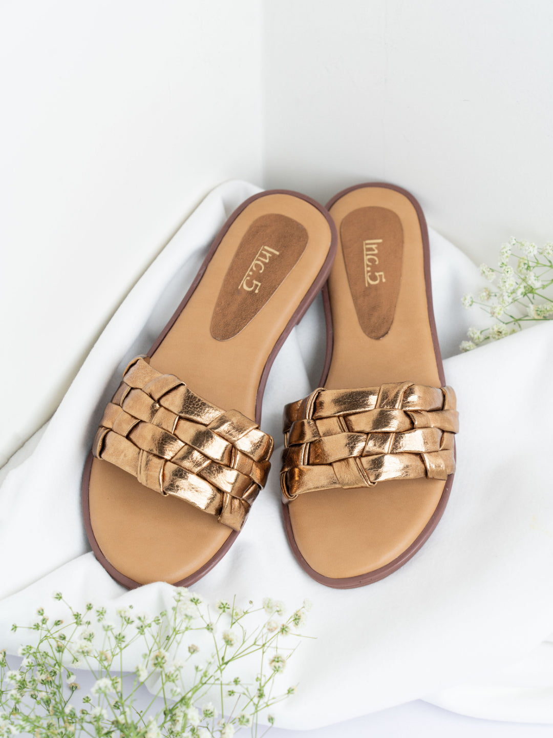 Womens Gold Casual Solid Open Toe Flats