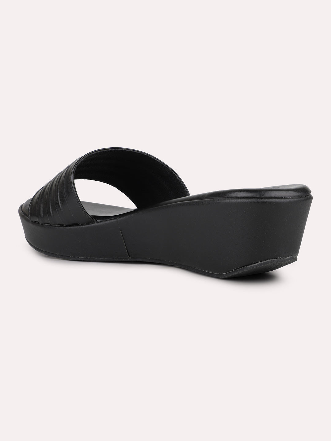 Womens Black Casual Solid Round Toe Wedge Mules