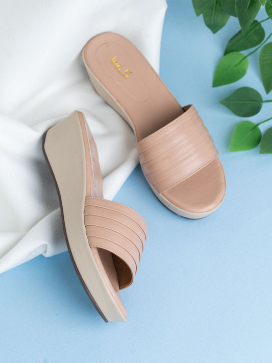 Womens Peach Casual Solid Round Toe Wedge Mules