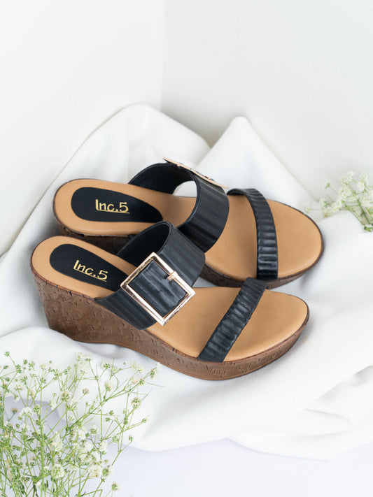 Womens Black Casual Solid Round Toe Wedge Mules