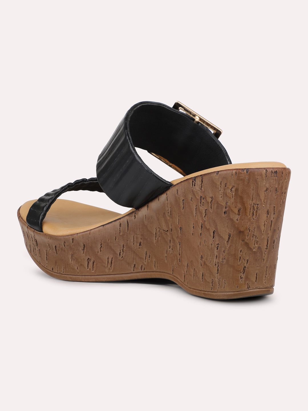 Womens Black Casual Solid Round Toe Wedge Mules