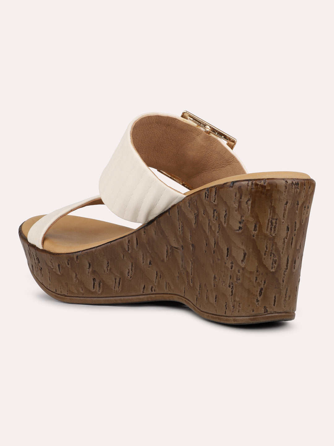 Womens Cream Casual Solid Round Toe Wedge Mules