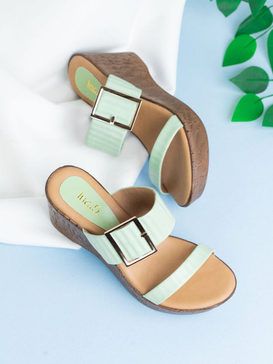 Womens Green Casual Solid Round Toe Wedge Mules