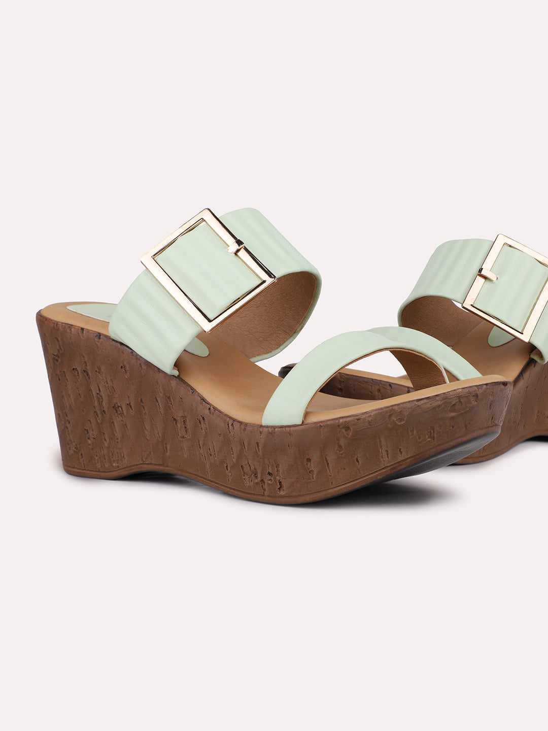 Womens Green Casual Solid Round Toe Wedge Mules