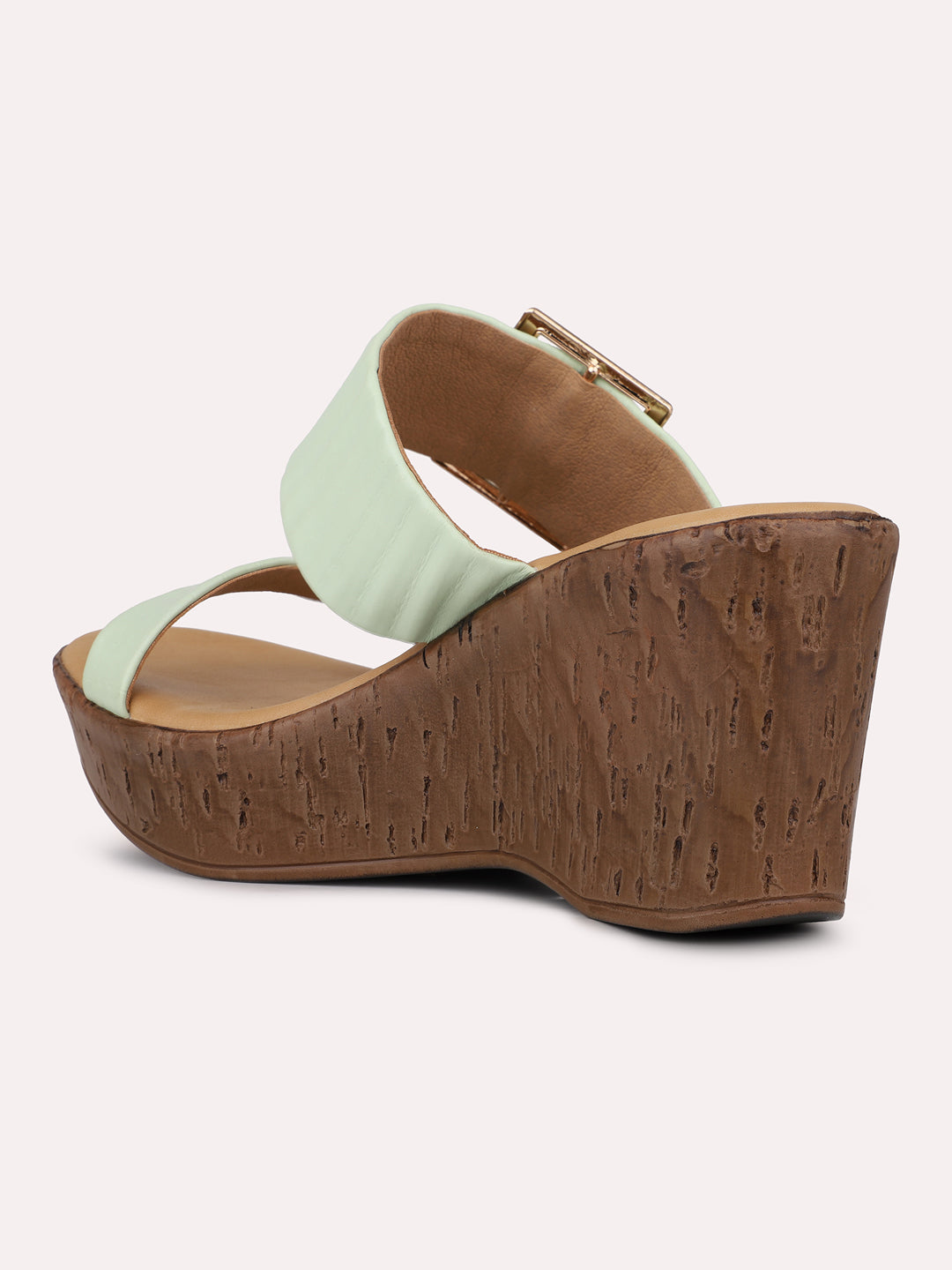 Womens Green Casual Solid Round Toe Wedge Mules