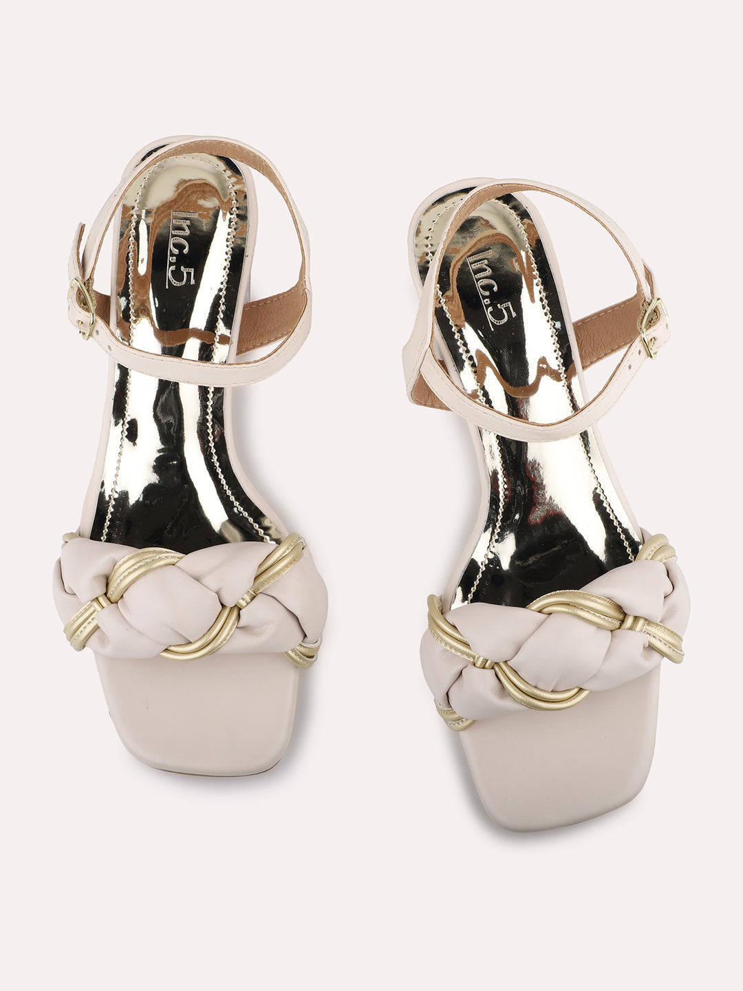 Womens Cream Party Wear Solid Square Toe Sandals