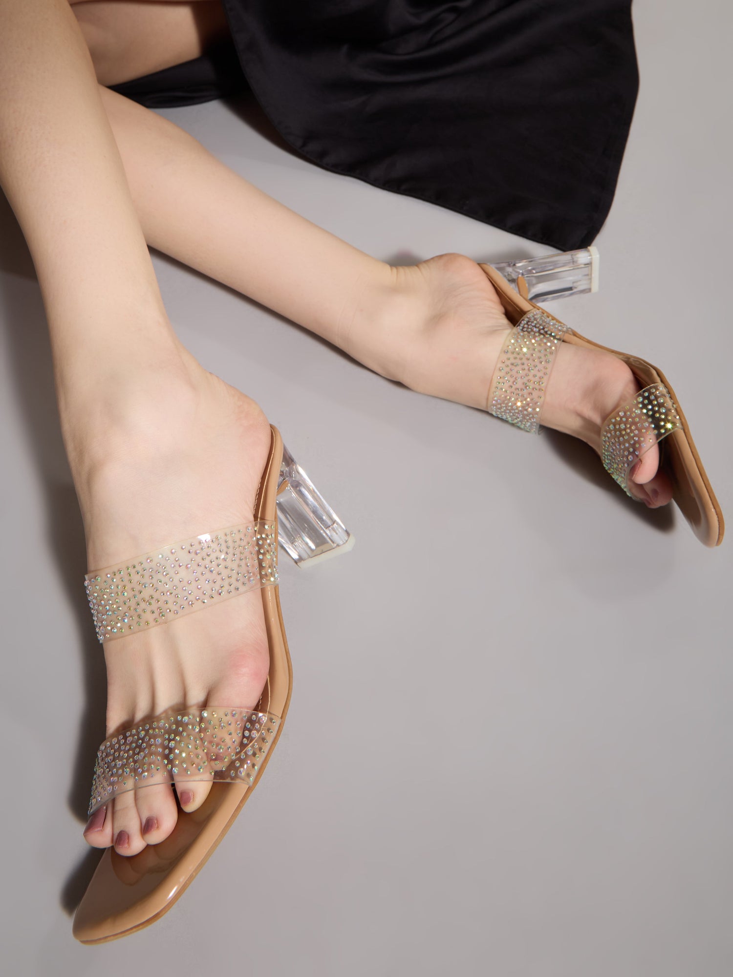 Womens Beige Party Wear Transparent Square Toe Block Heel Sandals