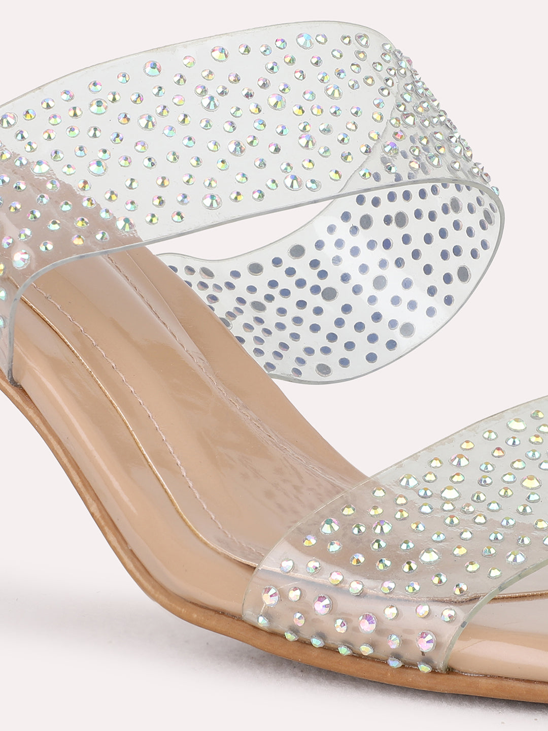 Womens Beige Party Wear Transparent Square Toe Block Heel Sandals