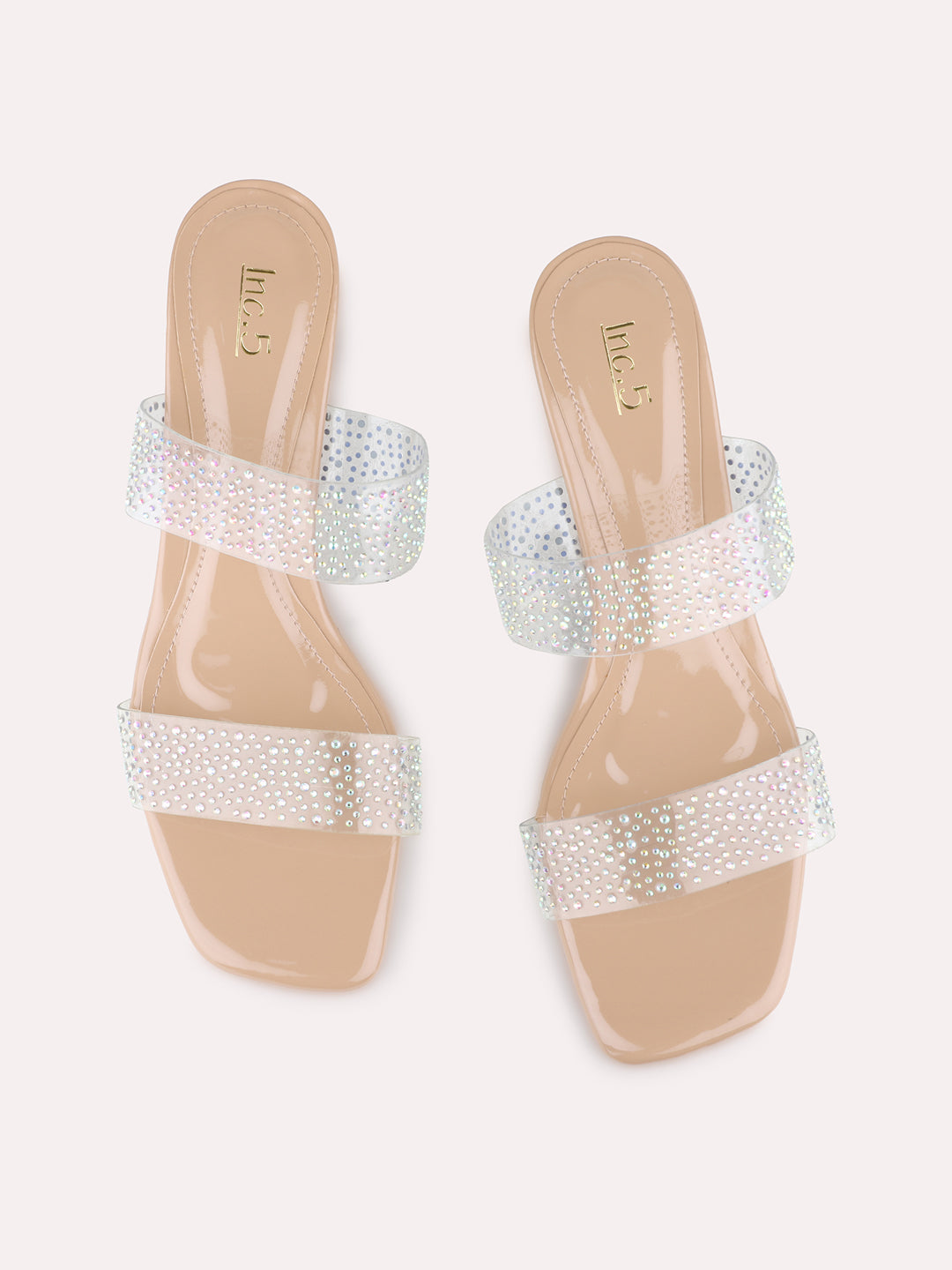 Womens Beige Party Wear Transparent Square Toe Block Heel Sandals