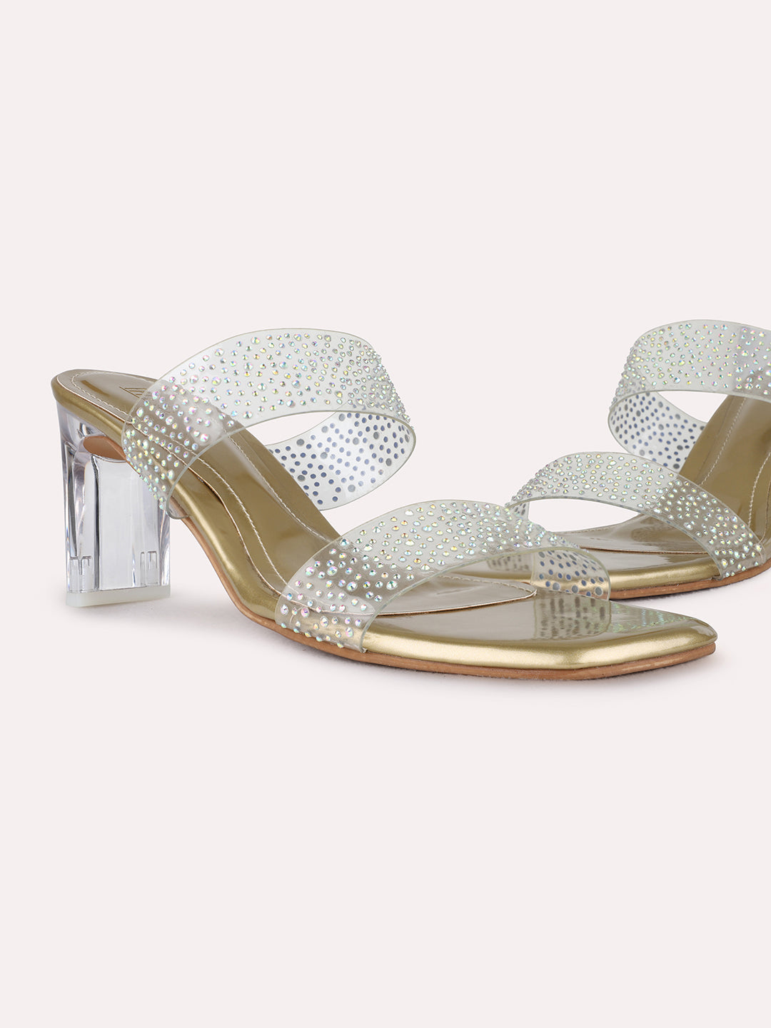 Womens Golden Party Wear Transparent Square Toe Block Heel Sandals