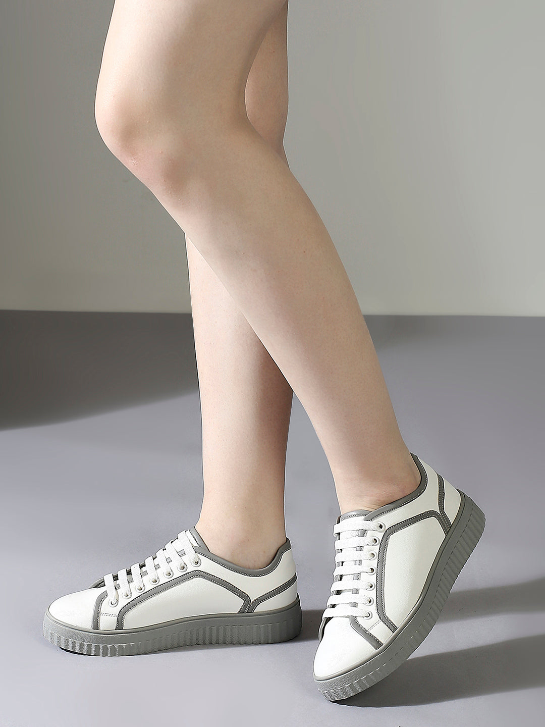 Womens Grey and White Casual Round toe Sneakers