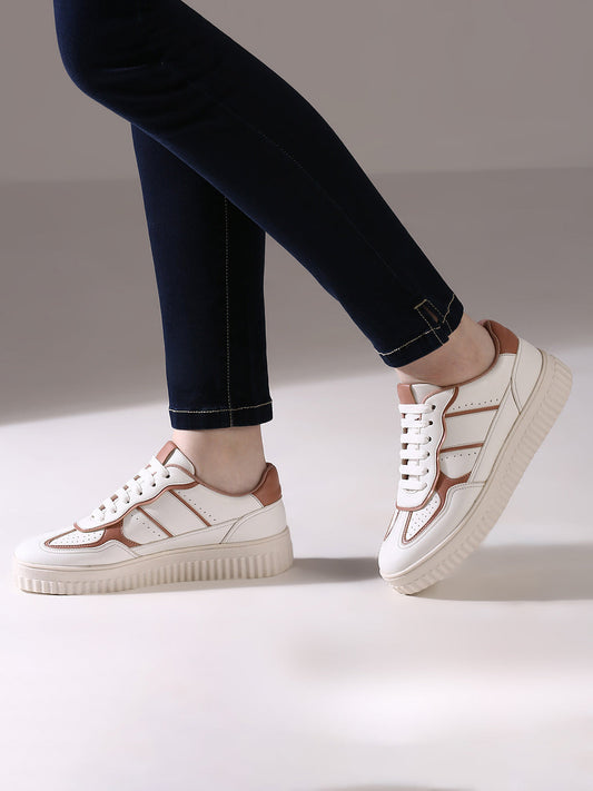 Womens Peach and White Casual Round toe Sneakers