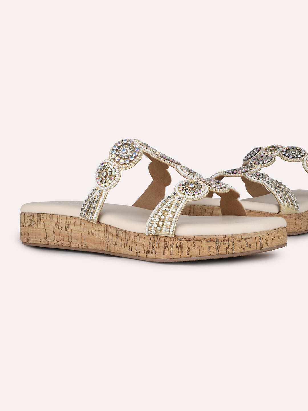 Women Cream Casual Embellished Round Toe Open Toe Slip-On Flats